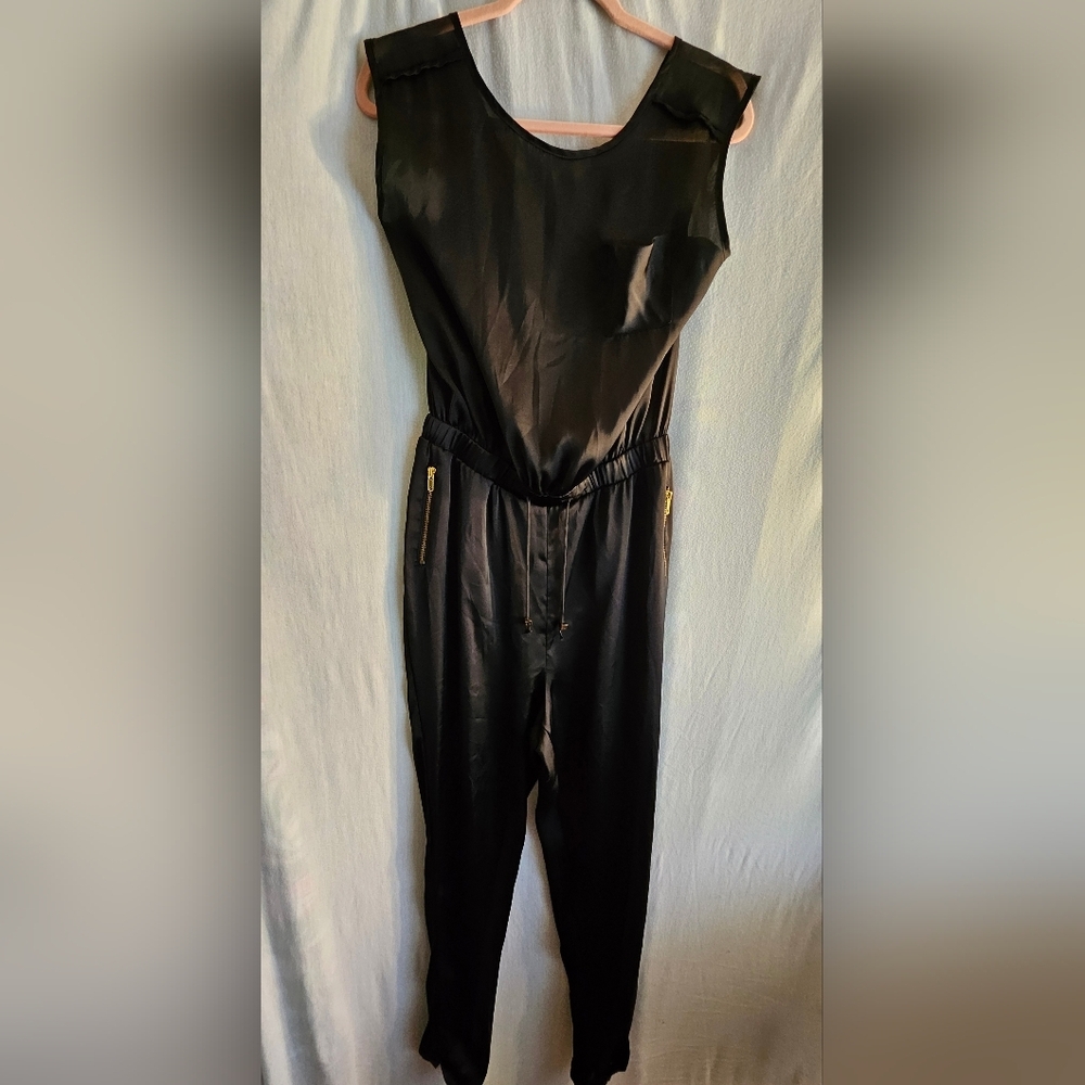 Ali & Kris Sheer Top And Satin Bottom Black Jumpsuit Sz L